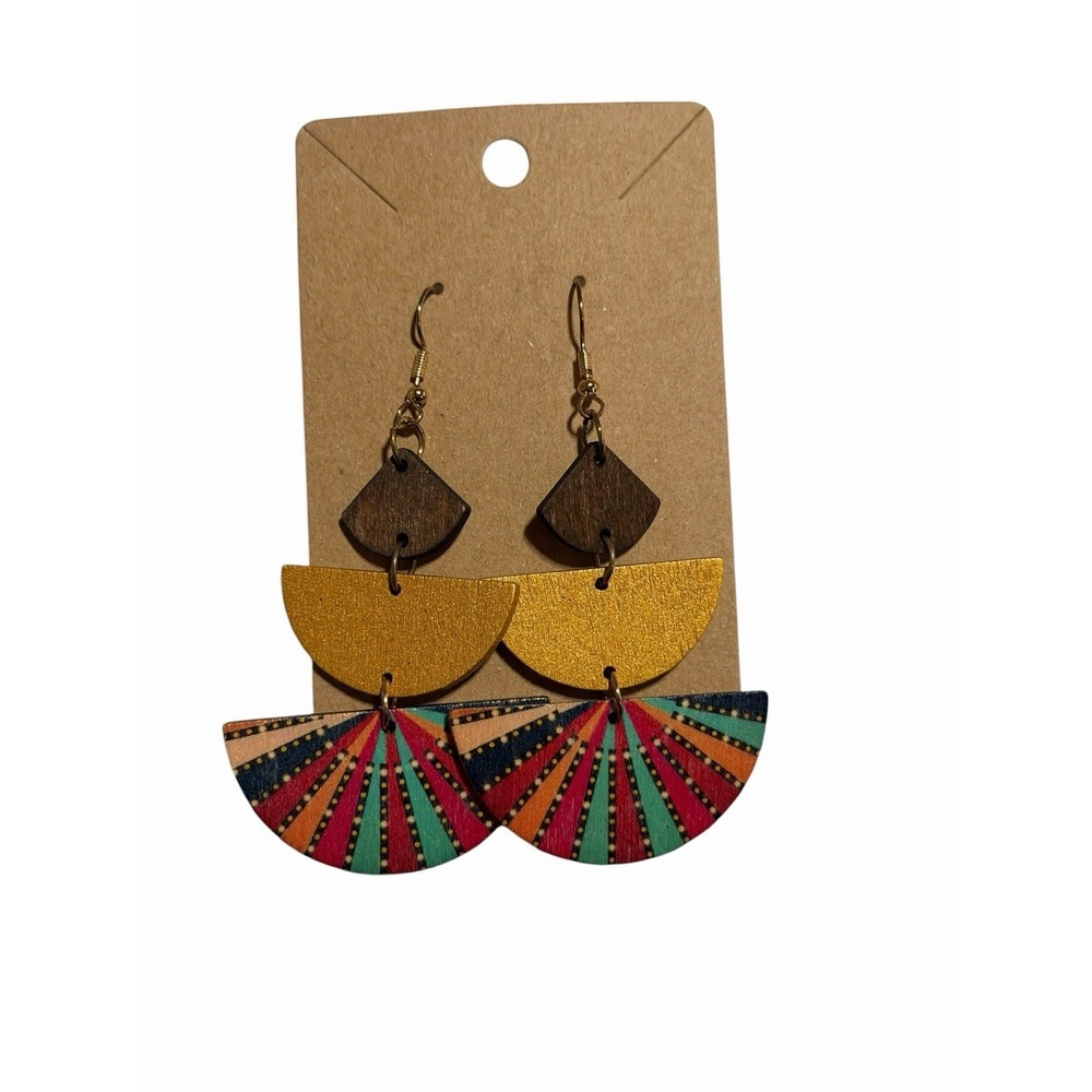 Boho Geometric Wood Drop Earrings Gold Sunburst Rainbow Tiered Statement Dangle